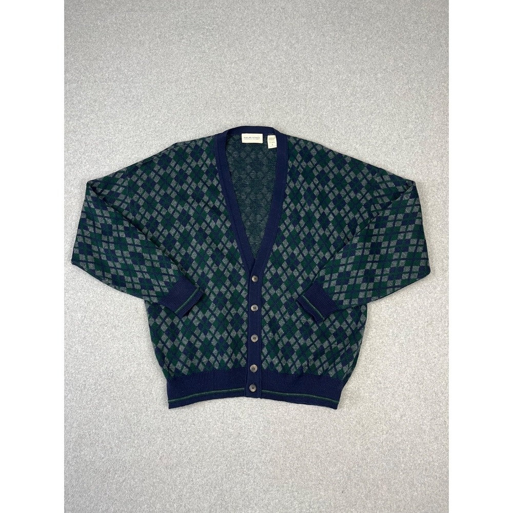 Vintage Murano Cardigan Sweater Mens L Green Geometric Print Wool Blend 90s